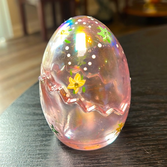 Vintage Pink Iridescent Glass Egg Dish Hand Painted Tealight Candle Holder - Picture 4 of 11